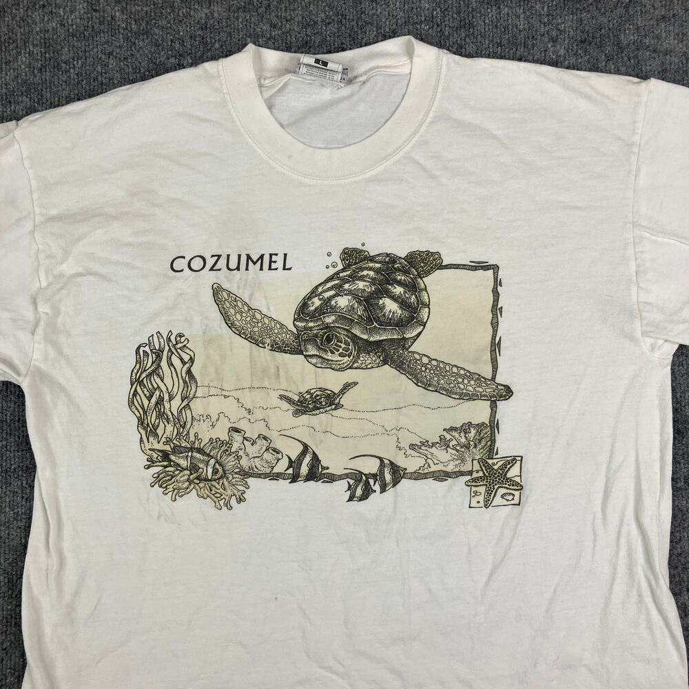 Del Sol T-Shirt‎ Mens L White Cozumel Mexico Turtle Graphic Beach Vacation